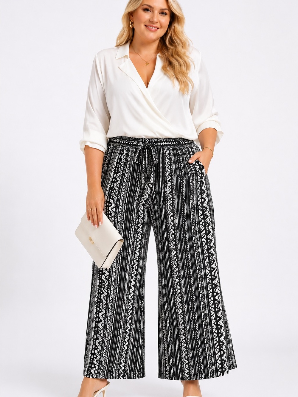 BloomChic Plus Size 22/24 Black White Tribal Geometric  Wide Leg Pallazo NWT